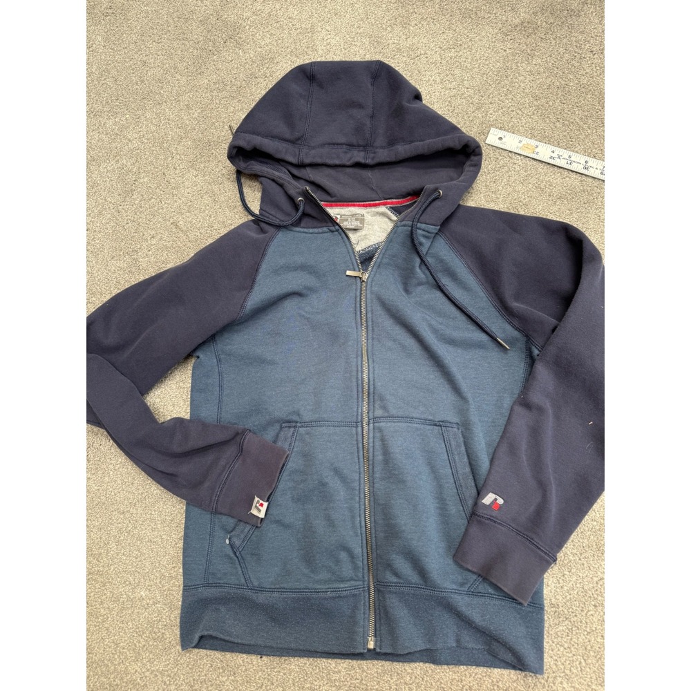 Russell Athletic Premium Fleece Full Zip Hoodie Mens Small Blue Two Tone Raglan